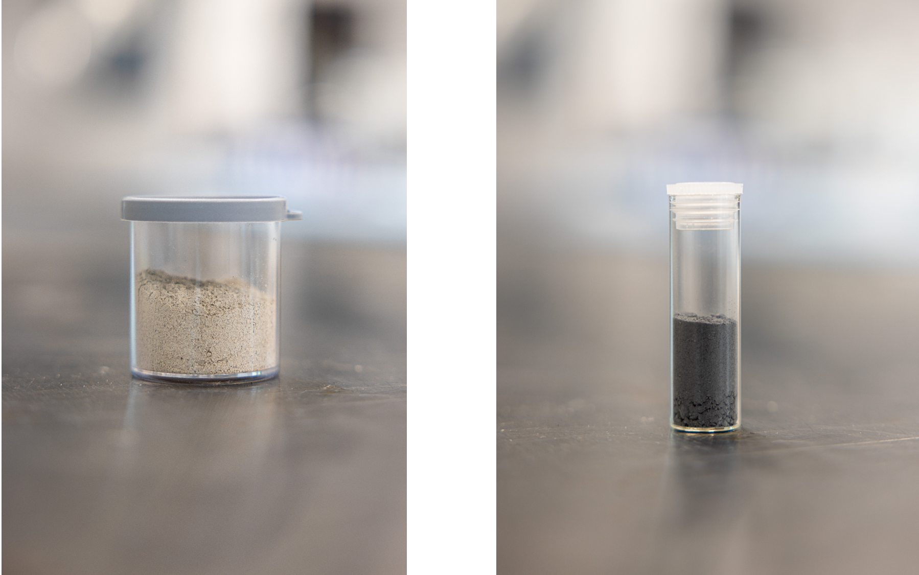 Two incinerator ash samples in laboratory containers